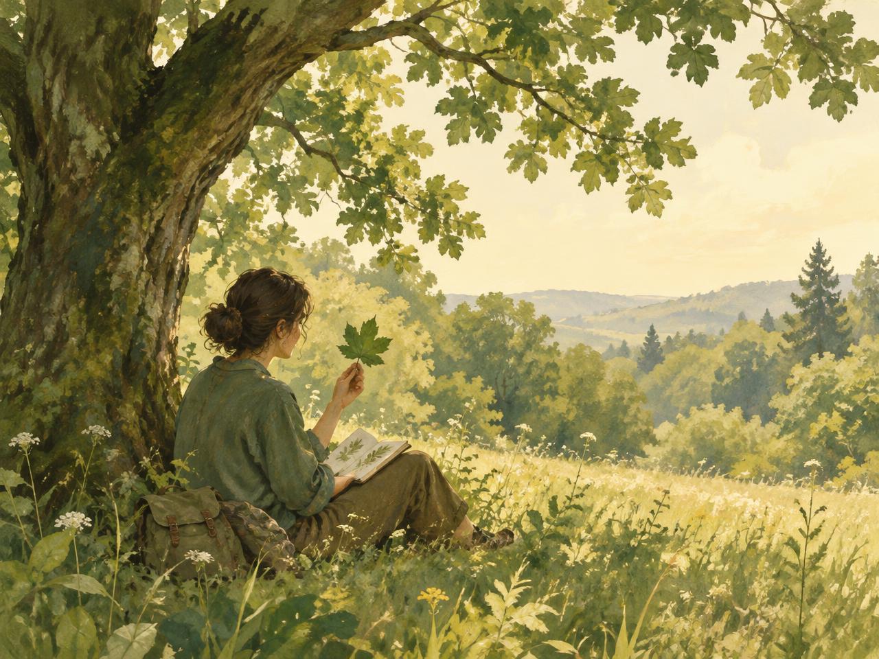 A person sitting under a tree in a sunlit meadow, studying a leaf with a notebook